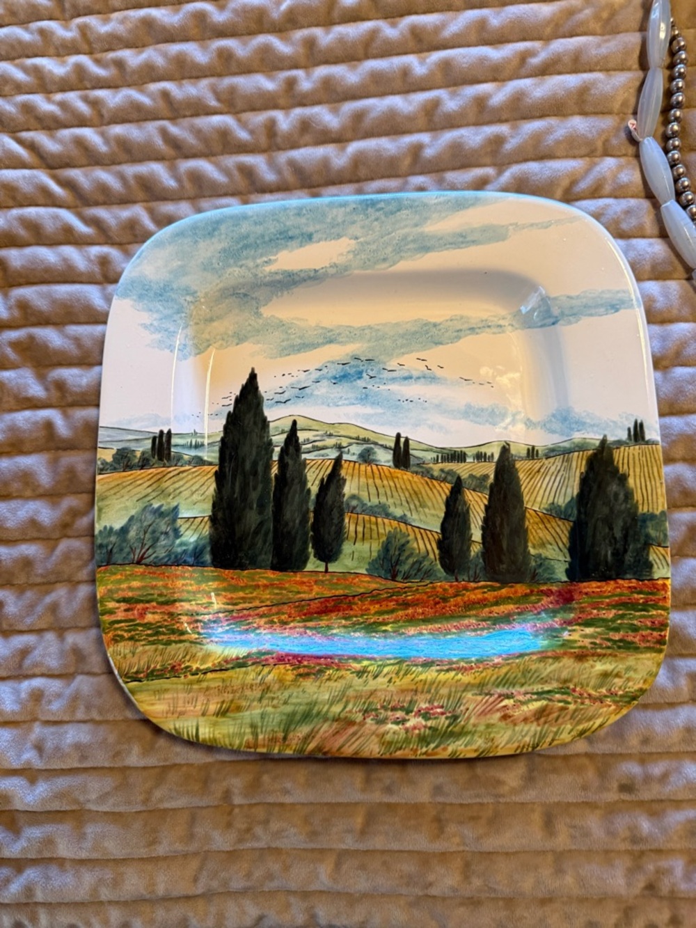 Scenic Tuscan Ceramic Salad Plate - Painted Cypress Landscape